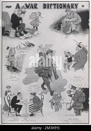 Caricature de Wwill Owen guidant les lecteurs à travers un certain nombre d'expressions influencées par la guerre telles que 'safe' (punch), 'blighty' (Grande-Bretagne), qui, pendant la première Guerre mondiale, est devenu partie du lexique de la nation. Les autres mots incluent 'char' pour le thé, 'Bosche' pour les Allemands (aussi connu Fritz ou Jerry) et 'Na Pooh' signifiant plus, ou terminé. Certains des termes d'argot provenant de la Grande guerre sont encore utilisés dans le langage vernaculaire moderne. Banque D'Images