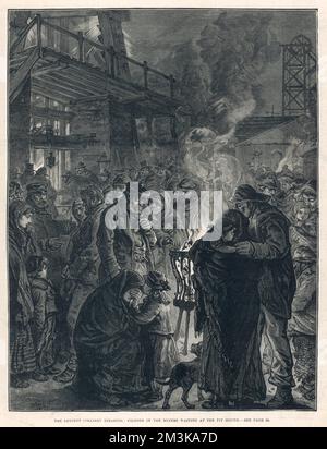 Les amis et la famille des mineurs impliqués dans la catastrophe de la mine de charbon Leycett attendent à la tête de la fosse pour des nouvelles de leurs proches. Date: 1880 Banque D'Images