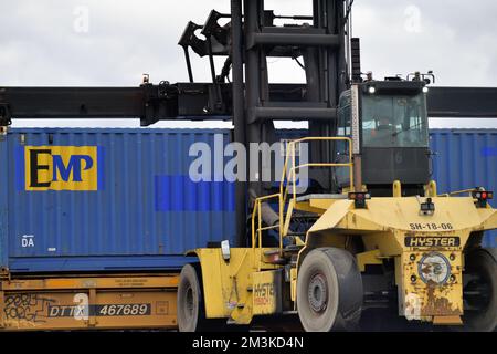 Franklin Park, Illinois, États-Unis. Un dispositif de levage à fourche qui accède à des unités de conteneurs à bord d'un train de marchandises dans une installation intermodale dans une cour de chemin de fer. Banque D'Images