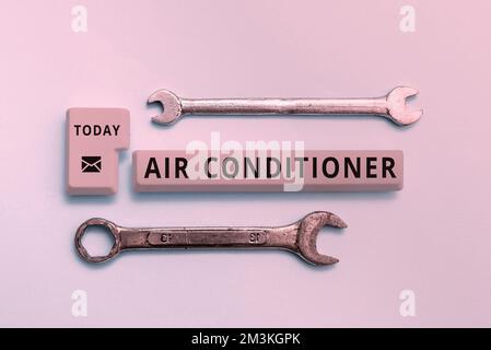 Panneau indiquant climatiseur. Appareils de vitrine pour le lavage de l'air et le contrôle de son humidité et de sa température Banque D'Images