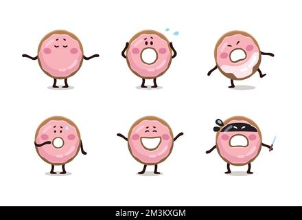 Drôle plat simple pour enfants autocollants emoji, personnages, bannière, mascottes de donuts roses émaillés. Emoji défini. Personnages de dessin animé. Illustration de Vecteur