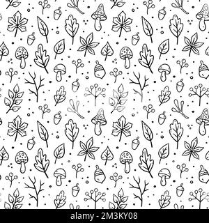 Motif automnal sans coutures. Illustration à motif fleuri vectoriel en forme de caniche. Motif d'automne avec éléments d'automne - champignons, feuilles de chêne, feuilles d'érable, automne l Illustration de Vecteur