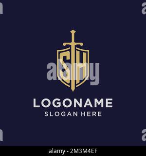 SH logo initial monogramme avec des idées de conception de bouclier et d'épée Illustration de Vecteur
