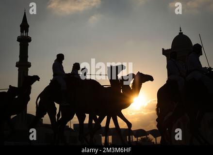 Sicherheitskräfte mit ihren Kamelen auf einer Wiese vor dem Amiri Diwan, dem offiziellen Arbeitsplatz und das Büro des émirs des Staates Katar im Sonnenuntergang les forces de sécurité avec leurs chameaux sur un pré en face de l'Amiri Diwan, Le lieu de travail officiel et le bureau de l'émir de l'État du Qatar au coucher du soleil Fussball WM 2022 au Qatar coupe du monde de football de la FIFA 2022 © diebilderwelt / Alay stock Banque D'Images