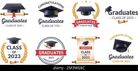 Étiquette de graduation. Classe de 2023 félicitations diplômés typographie design, remise des diplômes médailles ensemble de modèles vectoriels Illustration de Vecteur