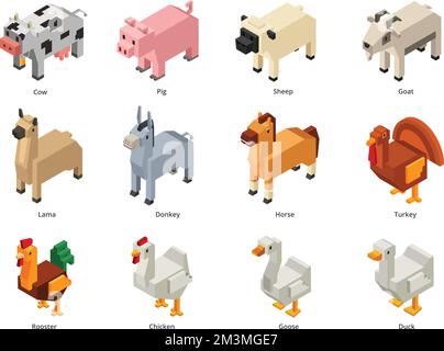 Animaux de ferme isométriques. Basse vache, cochon et mouton poly. Ensemble de vecteurs de dessin animé polygonaux de chèvre, de voxel d'oiseaux domestiques et de cheval 3D Illustration de Vecteur