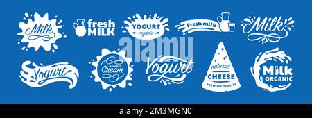 Étiquettes à lettrage pour produits laitiers. Ensemble de vecteurs de silhouette de yaourt, fromage naturel et lait frais Illustration de Vecteur
