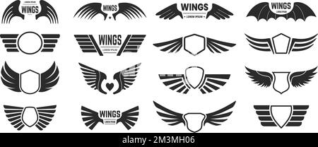 Badges d'ailes. Bouclier héraldique avec ailes d'oiseau volantes, cadre rapide pour étiquette de motard et ensemble de vecteur d'emblème de l'aviation militaire de l'armée de l'air Illustration de Vecteur