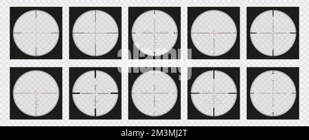 Vue optique. Sniper Scope POV overlay, mesure du réticule et regarder à travers le zoom de l'objectif vectoriel ensemble Illustration de Vecteur