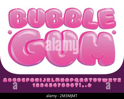 Police Bubble GUM. Lettres de chubby rose sucré, numéros de bonbon de Lollipop brillant et bulles d'alphabet drôle afficher police vecteur ensemble Illustration de Vecteur