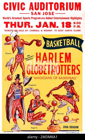 Les Harlem Globetrotters (Abe Saperstein, 1959). Carte fenêtre pour l'exposition de basketball - Civic Auditorium, San Jose Banque D'Images