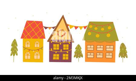 Jolies maisons confortables décorées pour Noël et le nouvel an. Les arbres poussent à proximité et il neige. Illustration vectorielle colorée isolée dessinée à la main. W Illustration de Vecteur