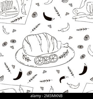 Motif sans couture avec viande grillée. Bœuf grillé et cuisse de porc frite sur fond blanc avec piments. Illustration vectorielle dessin manuel linéaire Illustration de Vecteur