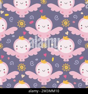 Motif sans couture petit ange rose dessiné à la main. Illustration de Vecteur