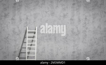 échelle inclinée contre un mur en béton gris. Échelle blanche sur un mur en béton gris. copier l'espace. 3d rendu Banque D'Images