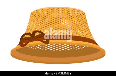 Classique tissé femme chapeau pour protéger la tête du soleil. Coiffures en matériaux naturels. Mesh femelle panama. Vecteur de dessin animé isolé sur la bande blanche Illustration de Vecteur