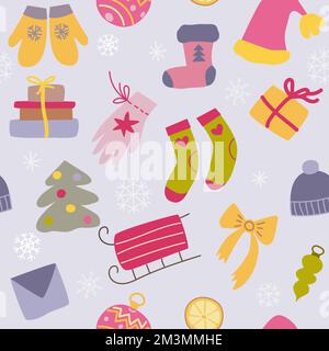 Symboles d'hiver dessinés à la main, motifs colorés et sans couture. Illustration de Vecteur