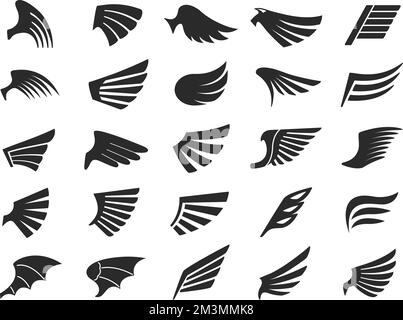 Icônes des ailes du pochoir. Drapeau de mouche rapide, aile d'oiseau de liberté d'aigle, ailes d'ange Saint et de démon ensemble de vecteur d'ange de plume d'emblème, illustration d'oiseau d'aile Illustration de Vecteur