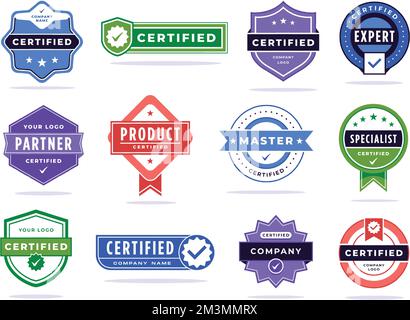 Badge certifié. Étiquette du partenaire de l'entreprise, tampon d'accréditation d'expert ou de maître vérifié et marque de certification du produit ensemble de vecteurs de badge certifié et ic Illustration de Vecteur