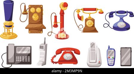 Évolution du téléphone. Histoire du téléphone de l'invention à moderne, ancien téléphone et smartphone gadget caricature ensemble de vecteur de l'évolution de l'histoire du téléphone Illustration de Vecteur