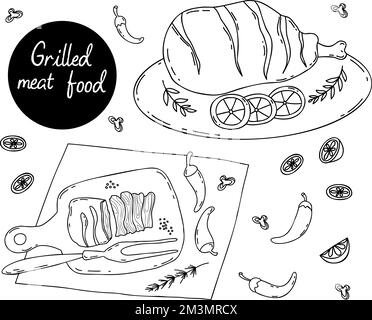 Viande grillée. Branche de porc grillée et morceau de viande frite sur le plan de cuisine avec piments et morceau de lime.illustration vectorielle. Main linéaire isolée Illustration de Vecteur