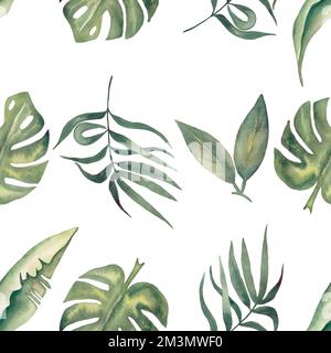 Motif de feuilles tropicales sans couture aquarelle. Papier numérique feuillage. Papier d'emballage floral exotique.feuille de Monstera, feuilles de banane papier vert de scrapbook. H Banque D'Images