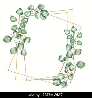 Illustration cadre vert aquarelle. Feuilles d'eucalyptus vert et cadre doré. Invitation de mariage. Clipart de feuillage. Arrangement floral. Modèle de carte Banque D'Images