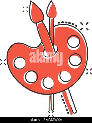 La palette de l'artiste en style comique. Illustration vectorielle de dessin animé des outils de Painter sur un arrière-plan isolé. Équipement de dessin effet éclaboussures panneau de l'entreprise con Illustration de Vecteur