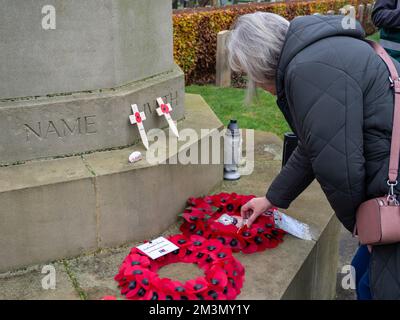 Remembrance Sunday, Royaume-Uni, 2022 ; femme posant une couronne sur la croix du sacrifice, cimetière de Towcester Road, Northampton, Royaume-Uni Banque D'Images