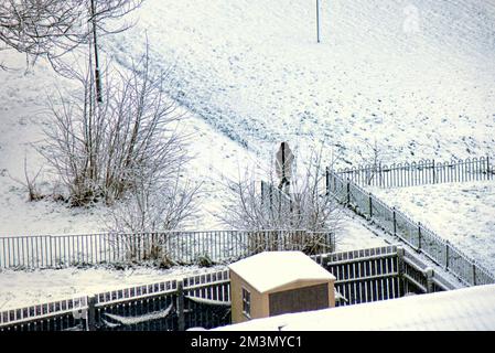 Glasgow, Écosse, Royaume-Uni 16th décembre 2022. Météo au Royaume-Uni : les températures glaciales ont vu de fortes chutes de neige saluer les habitants alors qu'ils se réveillaient pour trouver une épaisse couverture sur la ville. Crédit Gerard Ferry/Alay Live News Banque D'Images