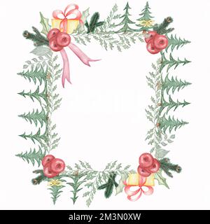 Aquarelle couronne de Noël dessinée à la main ofpoinsettia plante, baies, feuilles, branche de conifères, bonbons et cadeaux de noël. Banque D'Images