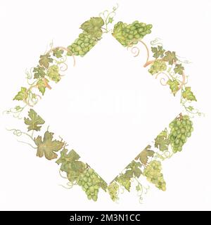 Magnifique cadre de raisin Watercolor dessiné à la main dans des couleurs vertes et jaunes avec espace. Banque D'Images