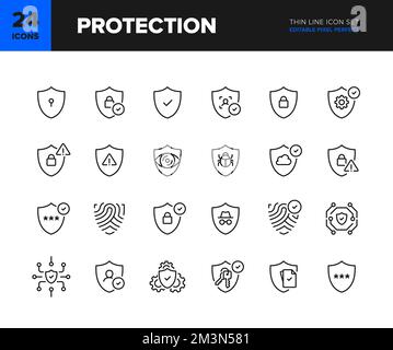 Ensemble d'icônes de ligne de vecteur de protection. Collection d'icônes de protection et de verrouillage. Différentes variantes du symbole de bouclier. Pixel parfait modifiable Illustration de Vecteur