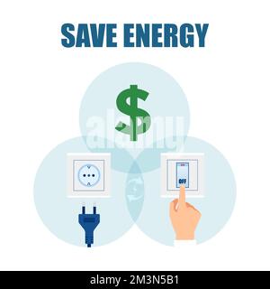 Concept d'économie d'énergie et de réduction des factures d'énergie. Vecteur d'appareils débranchés lorsqu'ils ne sont pas utilisés et que les lumières sont éteintes Illustration de Vecteur