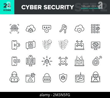 Jeu d'icônes de ligne de vecteur de cyber-sécurité. Collection d'icônes de confidentialité et de protection Internet. Symboles de sécurité réseau de l'ordinateur et du smartphone. Icônes modifiables Illustration de Vecteur