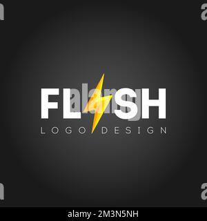 Logo flash avec symbole de foudre. Modèle de logo abstrait Gold Speed Electricity 3D. Icône énergie de boulon avec texte. Vitesse d'énergie de puissance du flash vectoriel Illustration de Vecteur