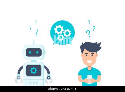 Concept Chatbot. Robot de service client. Homme discutant avec chat bot. L'utilisateur pose la question au robot et obtient une réponse. Illustration vectorielle Illustration de Vecteur