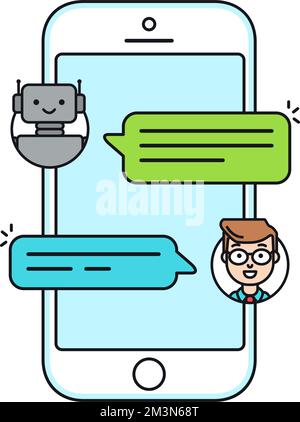 Concept d'icône de ligne plate Chatbot. Homme discutant avec chat bot sur smartphone. L'utilisateur parle avec bot dans Messenger. Illustration vectorielle isolée sur blanc Illustration de Vecteur