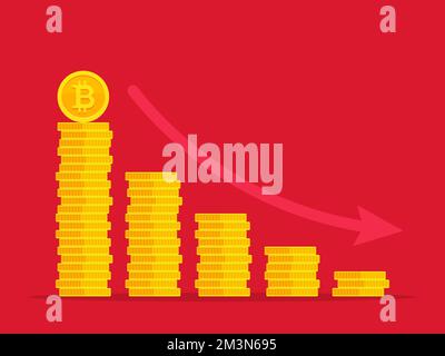 Concept de récession Bitcoin. Pile de pièces d'or comme le graphique de perte avec bitcoin. Tendance à la baisse de la crypto-monnaie Bitcoin. Illustration vectorielle isolée en rouge Illustration de Vecteur