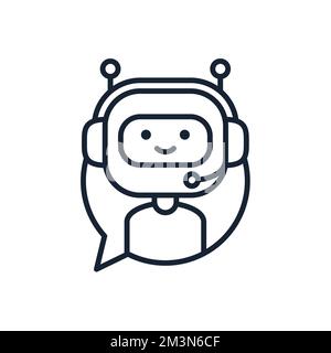 Concept d'icône de ligne vectorielle Chatbot. Robot mignon dans le casque à l'intérieur de la bulle vocale. Robot de service d'assistance clientèle souriant. Icône de contour vectoriel Illustration de Vecteur