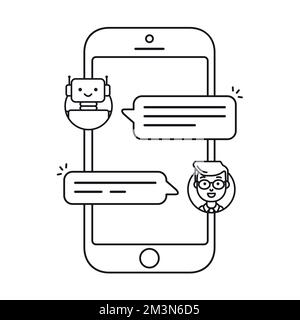 Icône de la ligne Chatbot. Homme parler avec chat bot sur smartphone. Utilisateur discutant avec bot dans Messenger. Illustration du vecteur de style linéaire. Icône de contour vectoriel Illustration de Vecteur