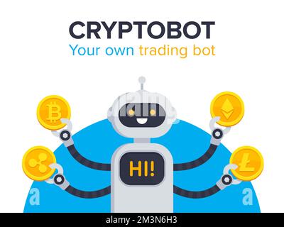 Illustration du vecteur de robot marchand. Concept Cryptobot. Bot de négociation de crypto-monnaie. Le robot souriant tient Bitcoin, Ethereum, Ripple, Litecoin et dire salut Illustration de Vecteur