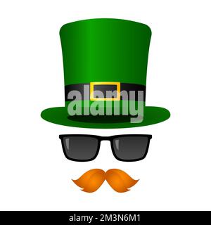 Masque de Leprechun. Chapeau vert, lunettes de soleil et moustache. Illustration vectorielle. Illustration de Vecteur