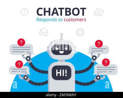 Chatbot répond aux questions des clients. Le robot souriant contient des bulles de parole et affiche le message « hi » à l'écran. Robot de service client. Illustration vectorielle Illustration de Vecteur