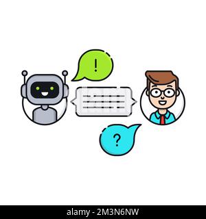 Concept Chatbot. Homme discutant avec chat bot. L'utilisateur pose la question au robot et obtient une réponse. Conversation avec chat bot. Illustration vectorielle Illustration de Vecteur