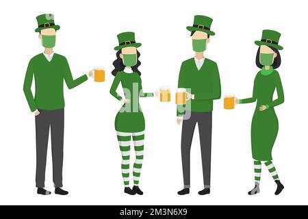 Amis dans des masques célébrant St. Patrick. Dessin animé. Illustration vectorielle. Illustration de Vecteur