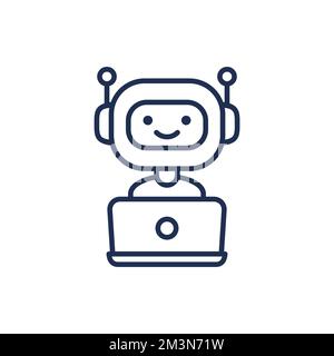 Icône de la ligne Chatbot. Symbole vectoriel représentant un robot souriant et mignon qui travaille derrière un ordinateur portable. Signe linéaire moderne isolé sur fond blanc Illustration de Vecteur