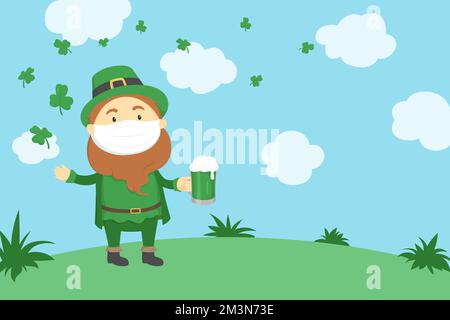 St. Affiche de la fête de Patrick. Leprechaun dans le masque boire de la bière verte. Illustration vectorielle. Illustration de Vecteur