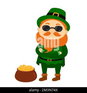 Leprechaun en lunettes de soleil et pot d'or. Illustration vectorielle. Illustration de Vecteur