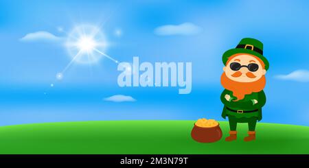 Leprechaun en lunettes de soleil debout avec pot d'or. St. Patrick. Illustration vectorielle. Illustration de Vecteur